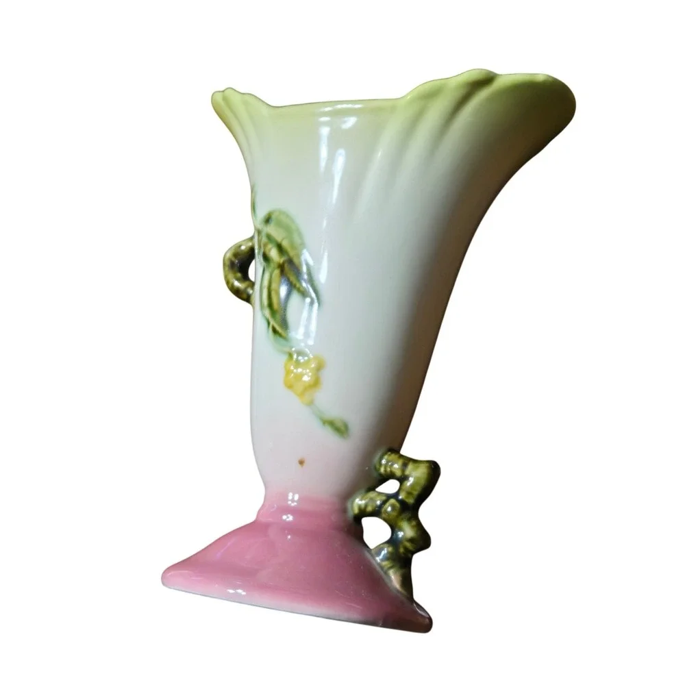 Vintage Hull Pottery Woodland W14-8 1/2 Floral Vase Pink Yellow Double HandleUSA